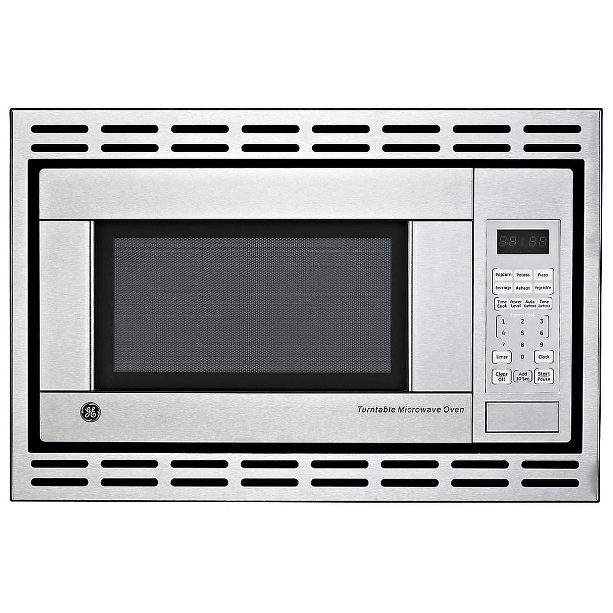 Front view of a GE stainless steel built-in microwave with a right-side digital display and keypad