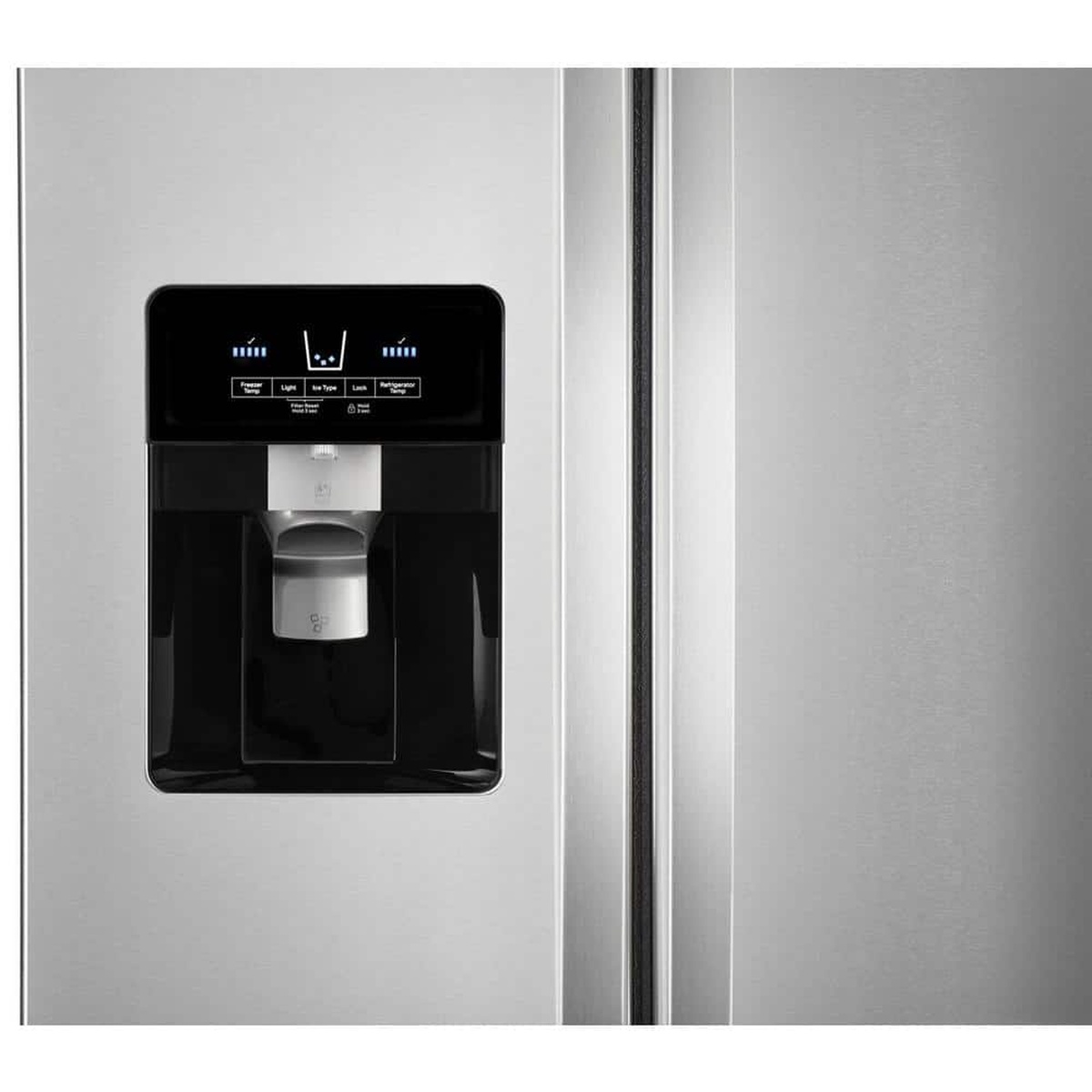 Close-up of the Whirlpool refrigerator exterior ice and water dispenser with the control panel above the dispenser area