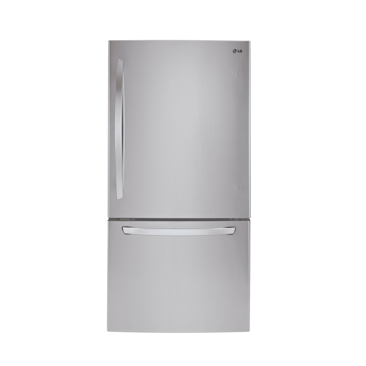 Front view of an LG stainless steel bottom-freezer refrigerator with a top fresh-food door and a lower freezer drawer