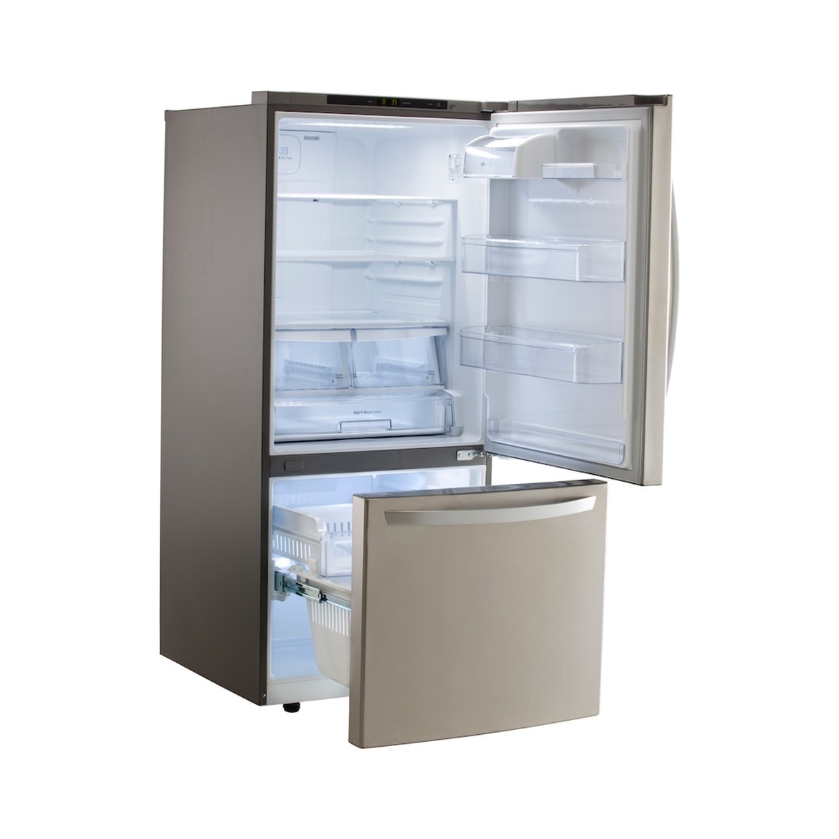 LG bottom-freezer refrigerator with the fresh-food door and freezer drawer open, showing glass shelves, door bins, crispers, and a freezer basket