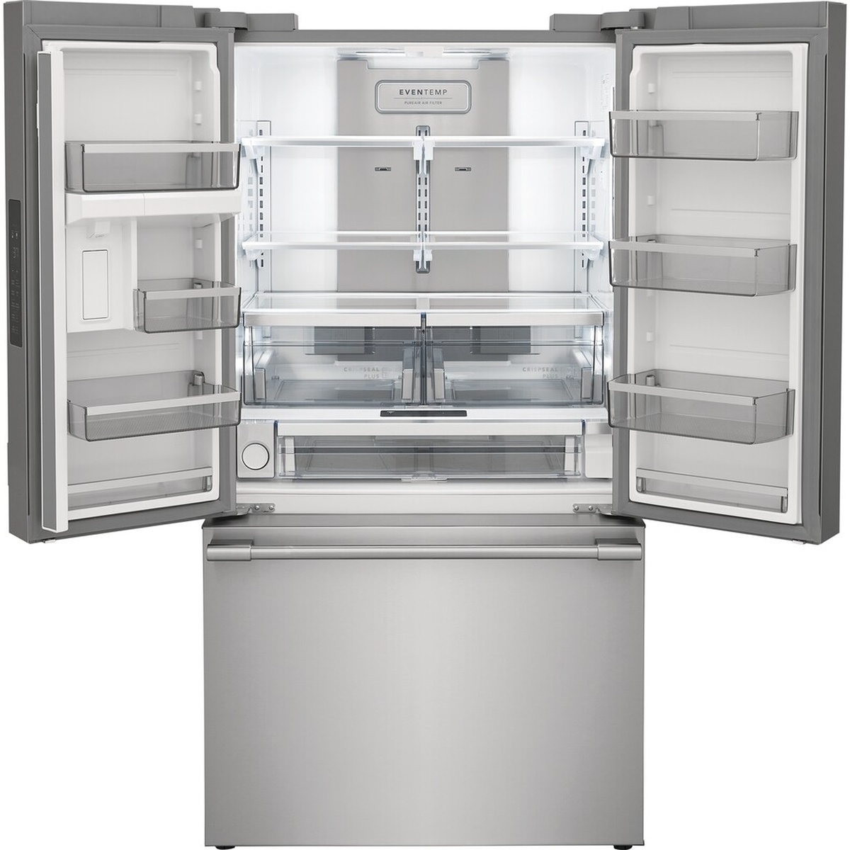 Open Frigidaire Professional French door refrigerator interior showing EvenTemp panel, adjustable glass shelves, door bins, two produce crispers, and a full-width drawer above the freezer.