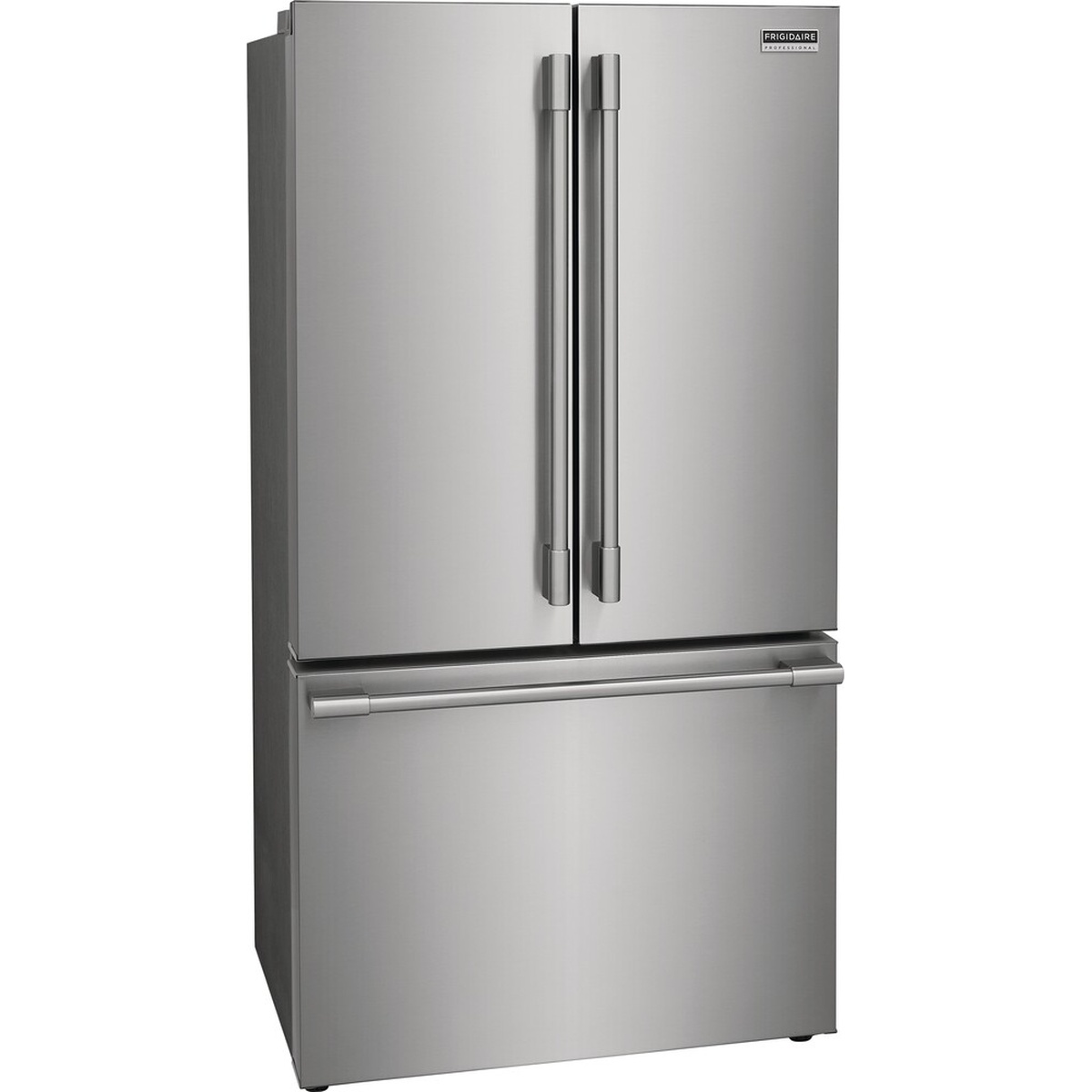 Angled front view of Frigidaire Professional stainless French door refrigerator with long tubular handles and a bottom freezer drawer.
