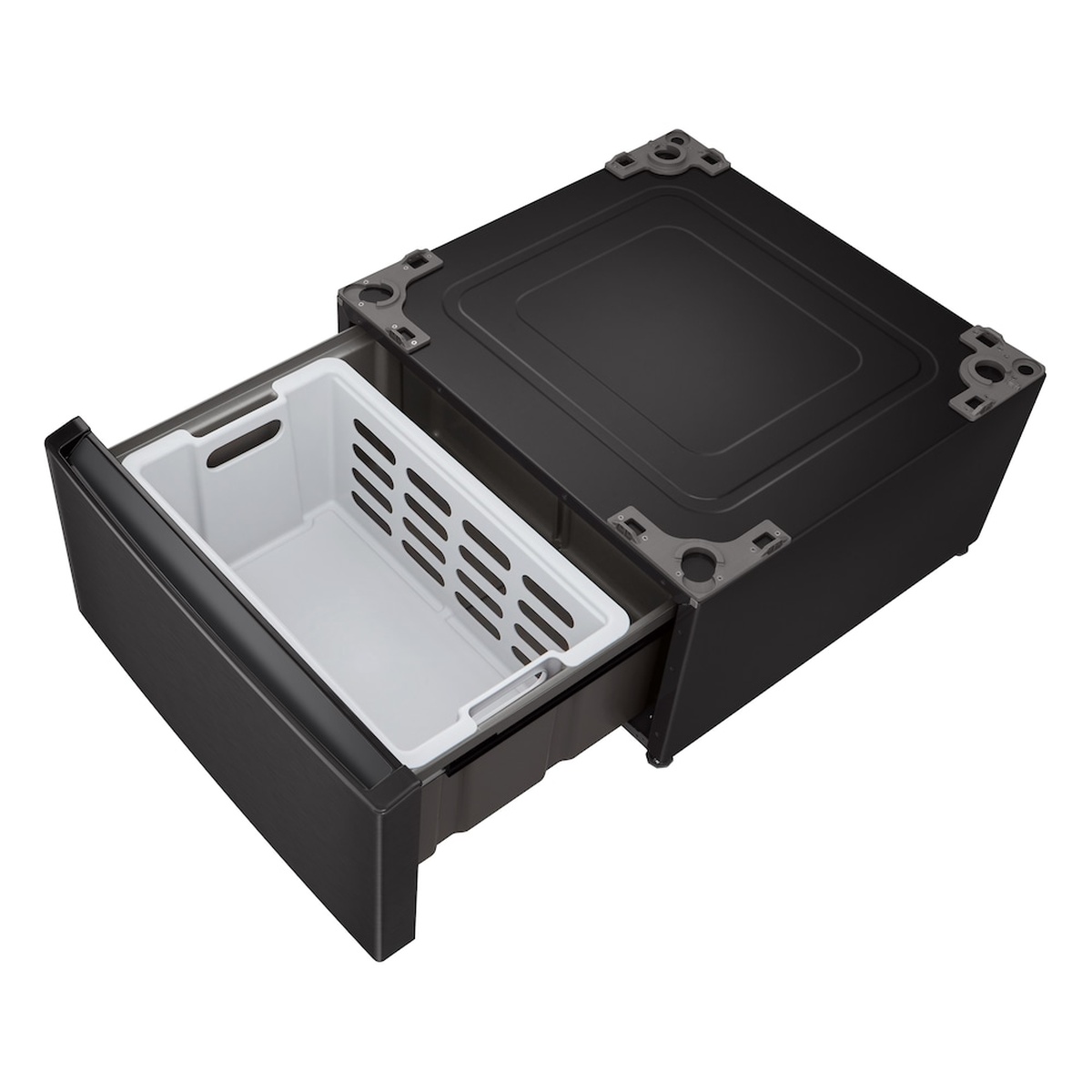 Black LG laundry pedestal with the storage drawer pulled open, showing a removable white bin inside