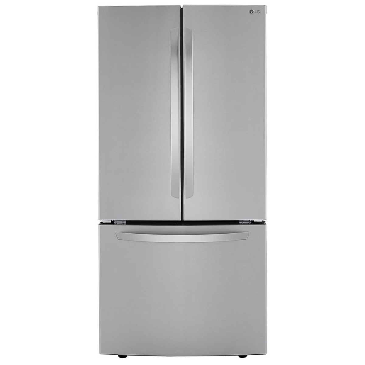 LG LRFCS2503S French door refrigerator exterior in PrintProof Stainless Steel with contour doors and matching commercial handles