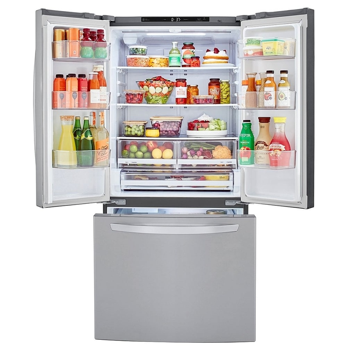 LG LRFCS2503S open French door refrigerator fully stocked with food, showing shelves, door bins, crisper drawers, and bottom freezer