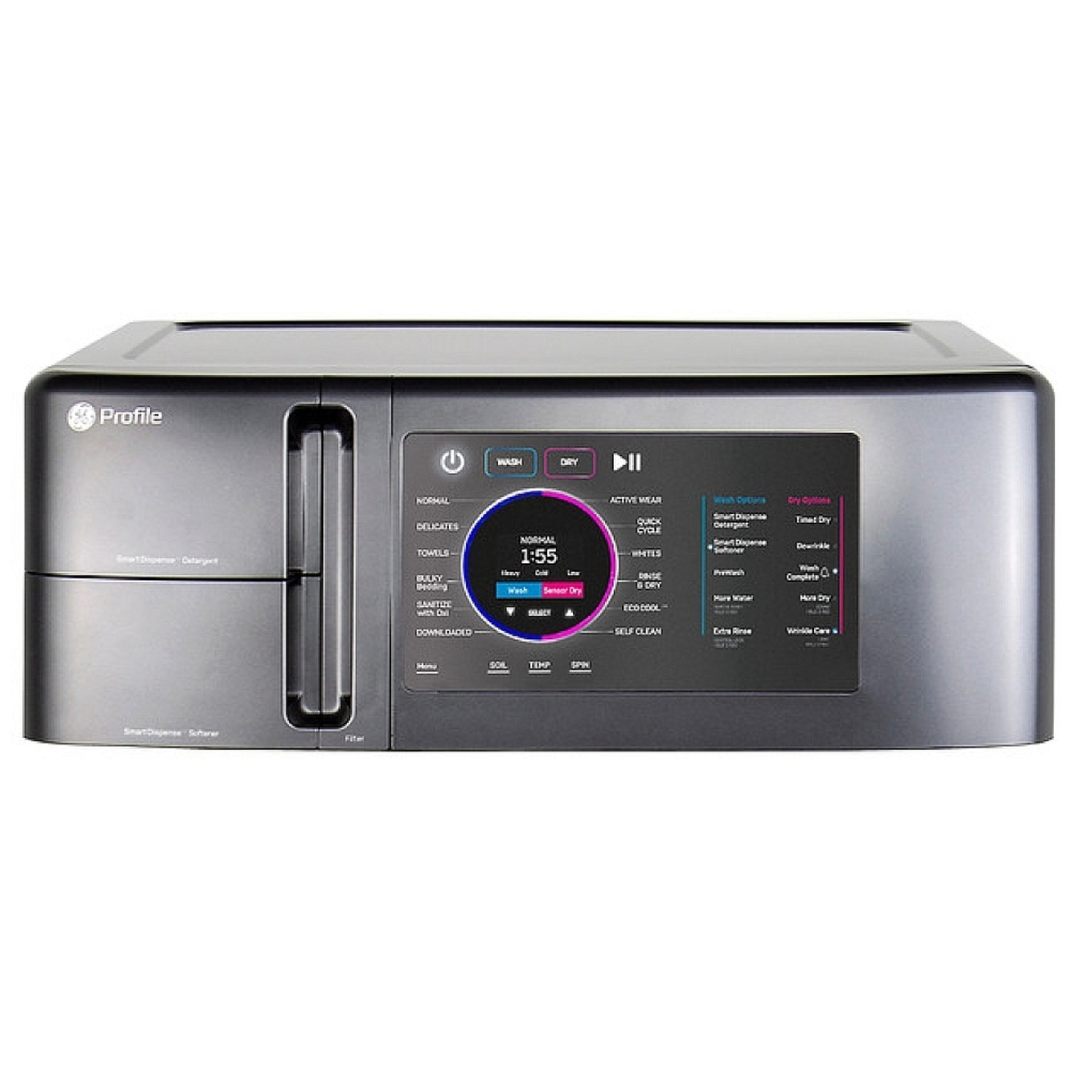 Close-up of the GE Profile combo washer dryer control panel with a large circular display and wash and dry cycle selections.