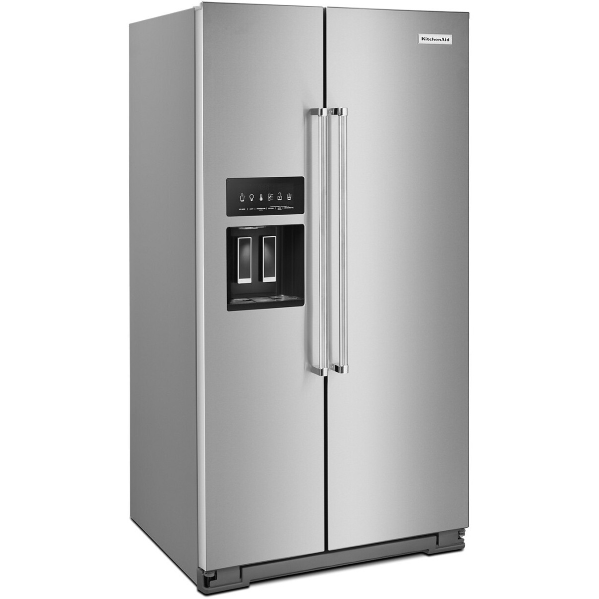 Angled front view of the KitchenAid stainless steel side-by-side refrigerator with exterior dispenser and long handles