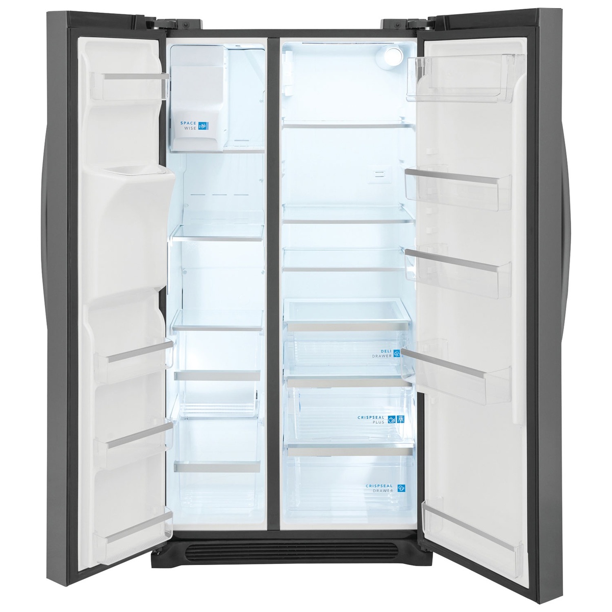 Open Frigidaire Gallery side-by-side refrigerator showing glass shelves, door bins, deli drawer, and crisper drawers