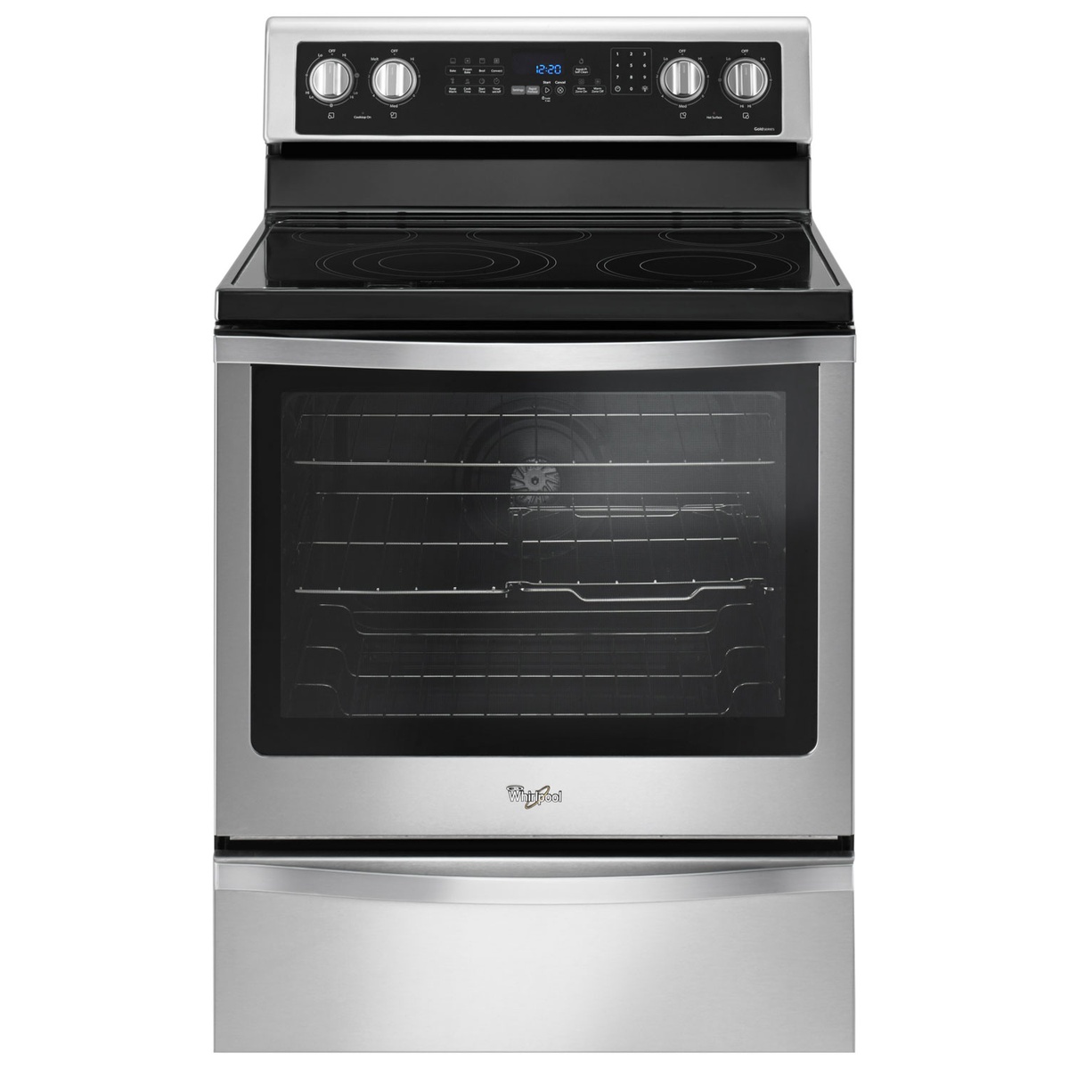 Front view of a Whirlpool freestanding electric range with smooth glass cooktop, stainless front, and rear control panel with knobs and a digital display