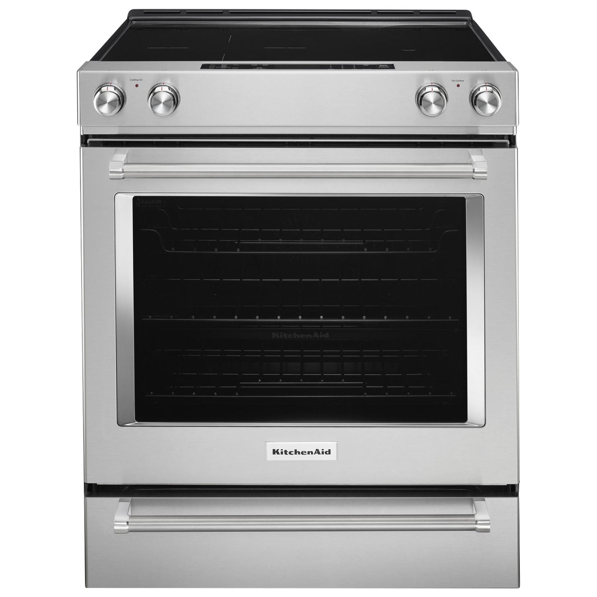 Front view of a stainless steel KitchenAid slide-in electric range with four control knobs, wide oven window, and lower storage drawer