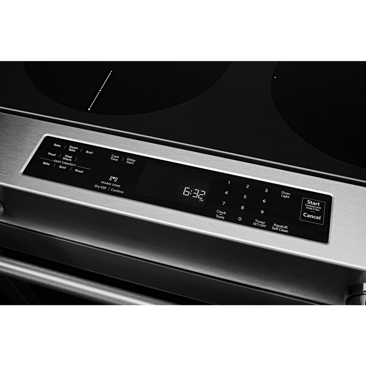 Close-up of the range touch control panel with digital clock, numeric keypad, and labeled cooking modes including Easy Convect and AquaLift Self Clean