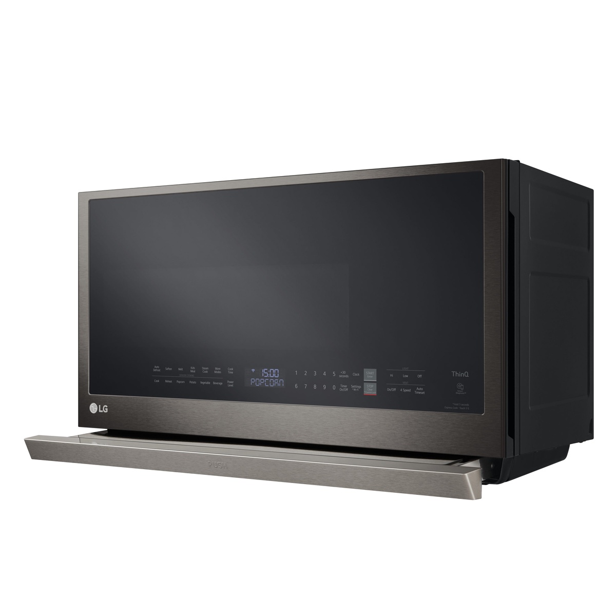 Angled view of LG over-the-range microwave in black stainless finish with wide tinted window and lowered door with pocket-style handle