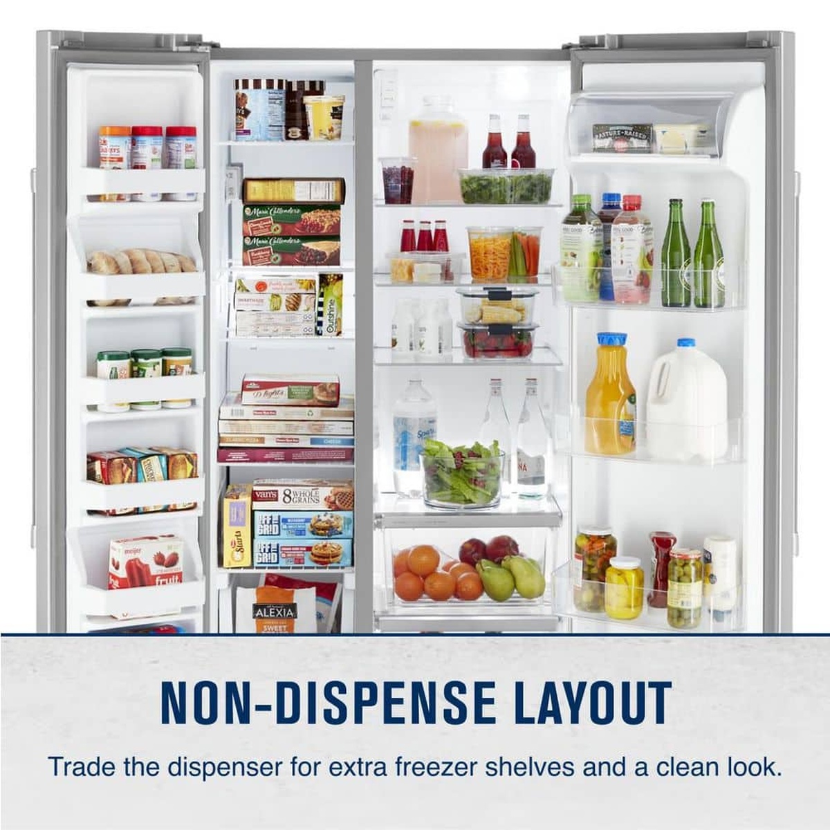 Open Maytag side-by-side refrigerator showing door bins, glass shelves, and a non-dispense layout callout