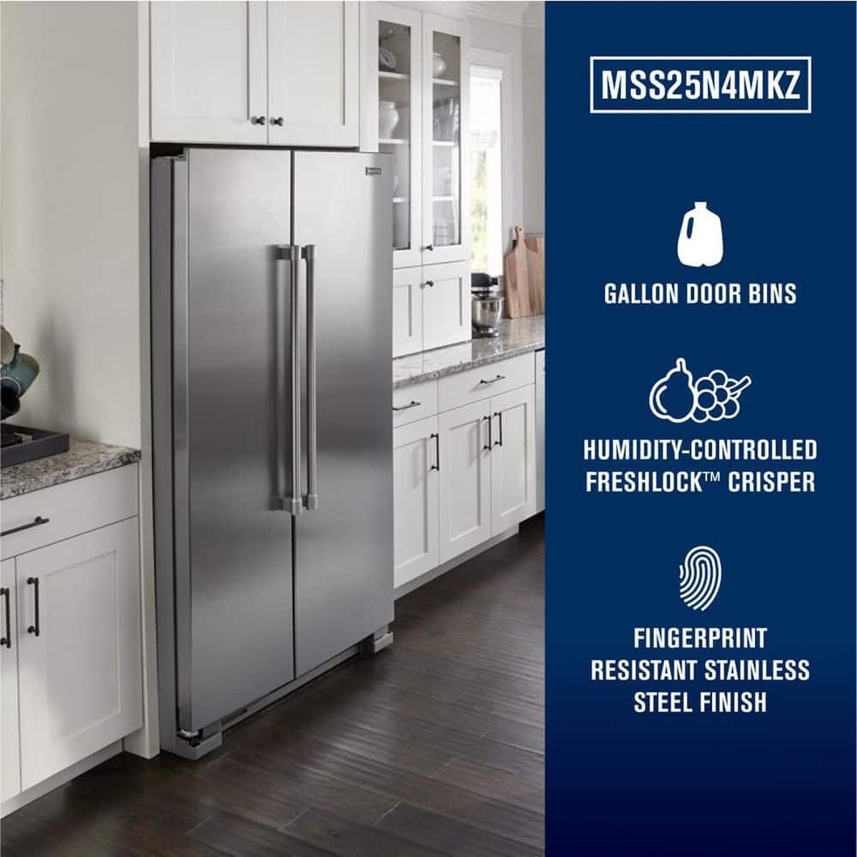 Maytag stainless side-by-side refrigerator installed in a kitchen with a graphic highlighting key features