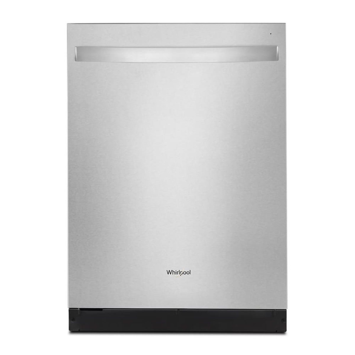 Front view of a stainless steel Whirlpool dishwasher with a bar handle