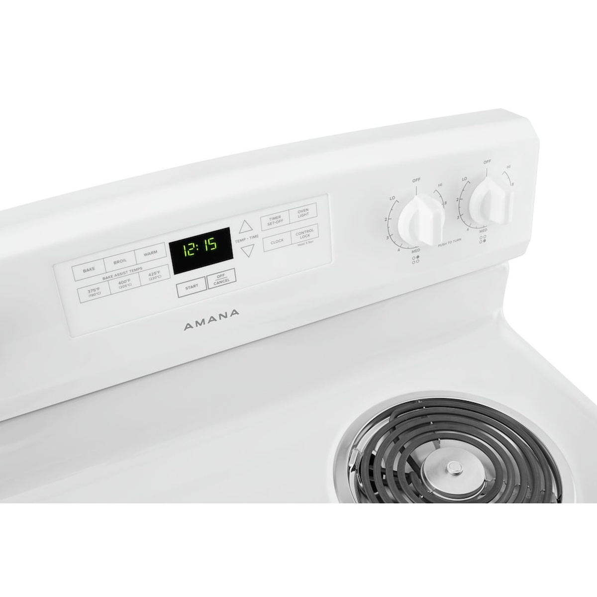 Close-up of the Amana range back control panel with a digital clock, Bake Assist Temps buttons, and rotary surface-element knobs