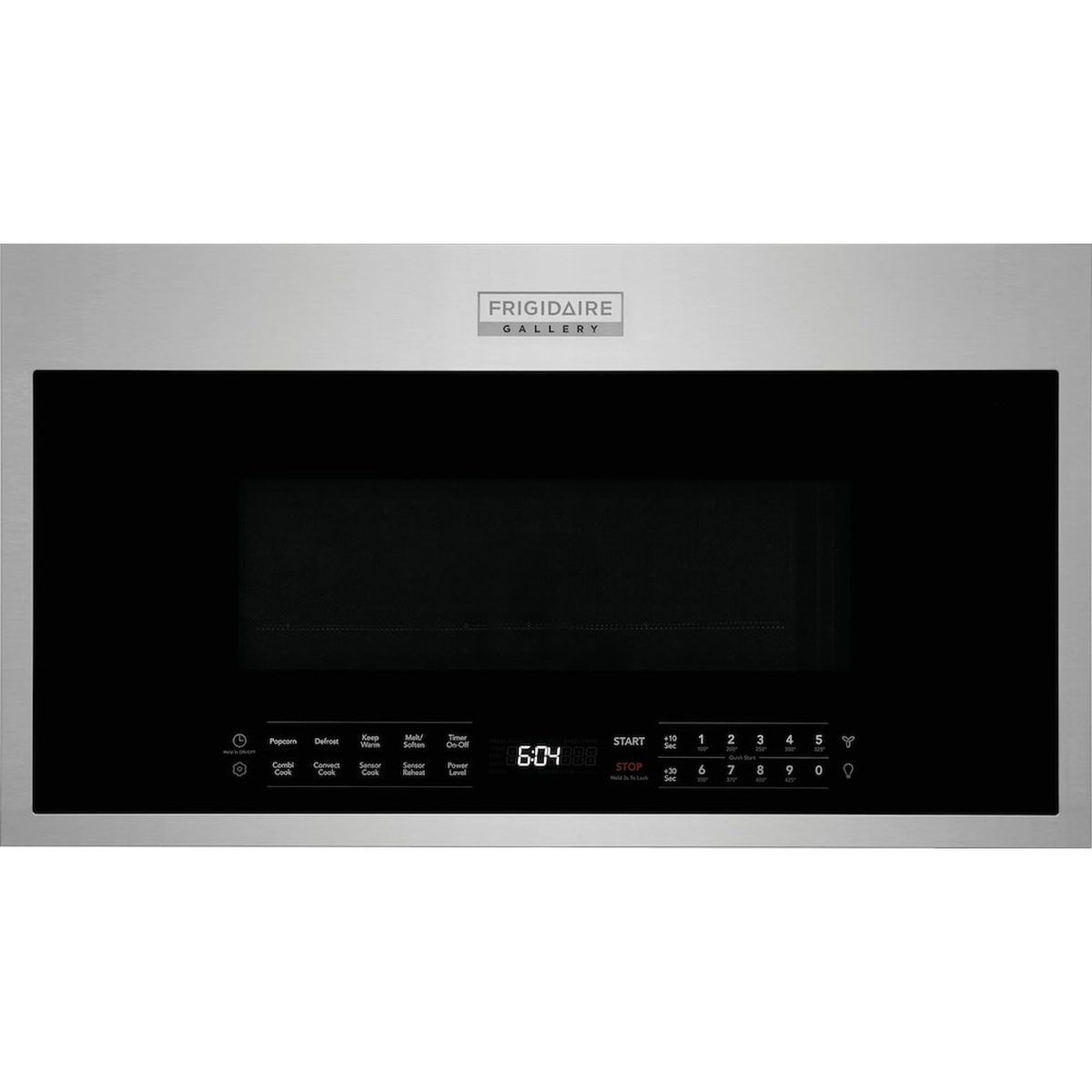 Front view of the Frigidaire Gallery over-the-range microwave in stainless steel with a black glass door and touch controls