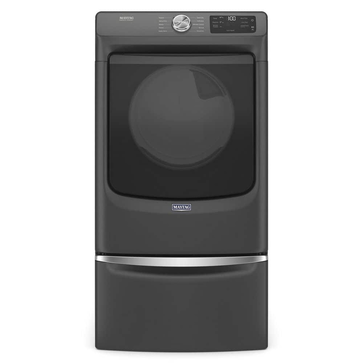 Front view of a Maytag laundry unit installed on a Volcano Black pedestal with a chrome drawer handle