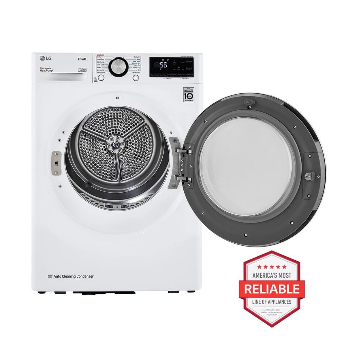 LG compact dryer shown with the door open, revealing the drum interior and control panel
