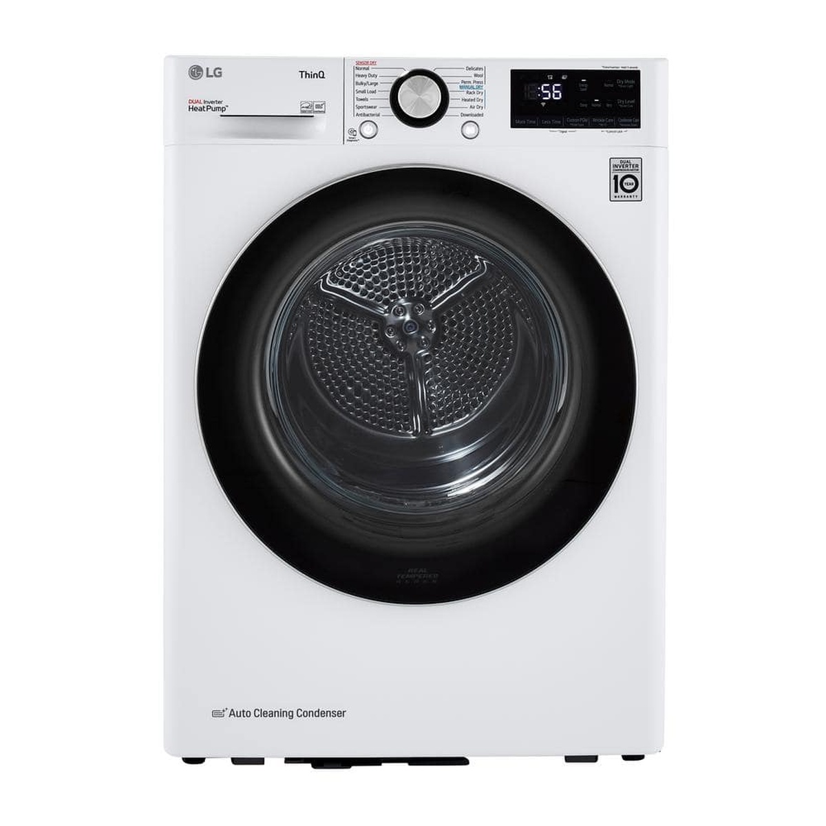 Front view of LG DLHC1455W white compact dryer with ThinQ control panel and large black door window