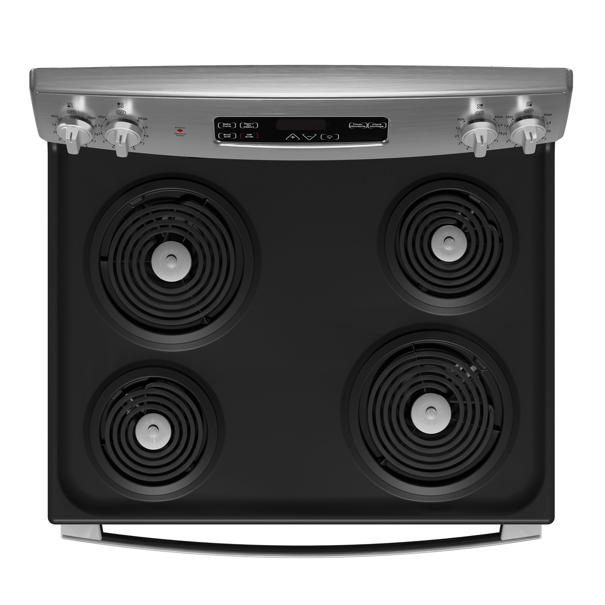 Top-down view of the electric range showing four coil burners, a one-piece cooktop, and a back control panel with knobs and a small digital display