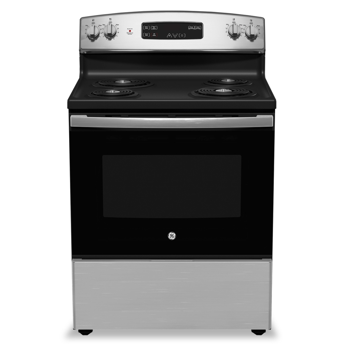 Front view of the stainless steel GE freestanding electric range with coil cooktop, oven window, and a lower storage drawer