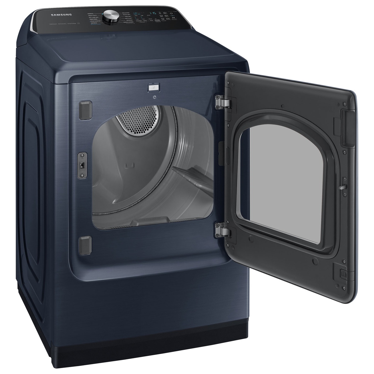 Samsung navy front-load dryer shown with the door open, revealing the gray drum interior