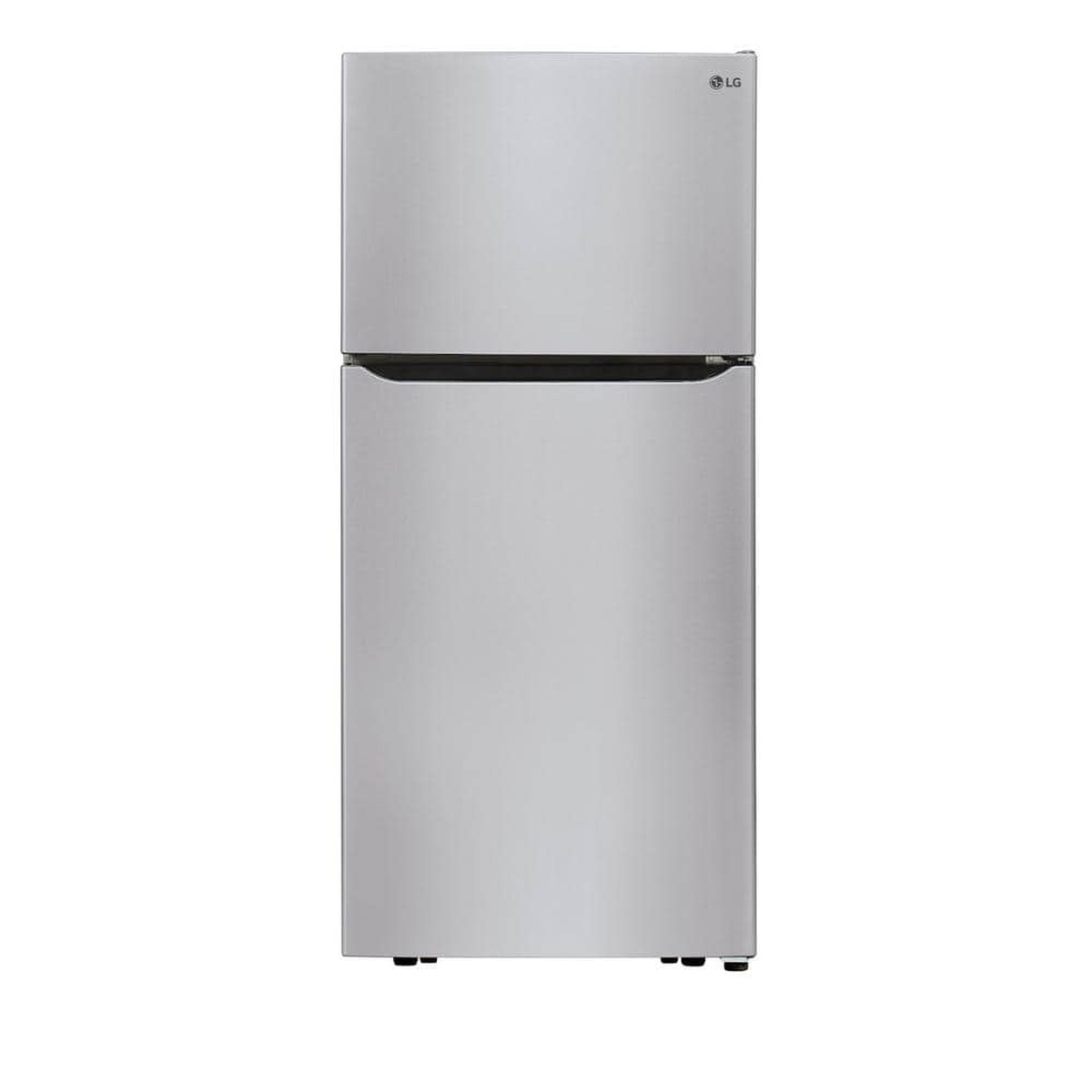 Front view of an LG stainless steel top-freezer refrigerator with a clean, handle-free look