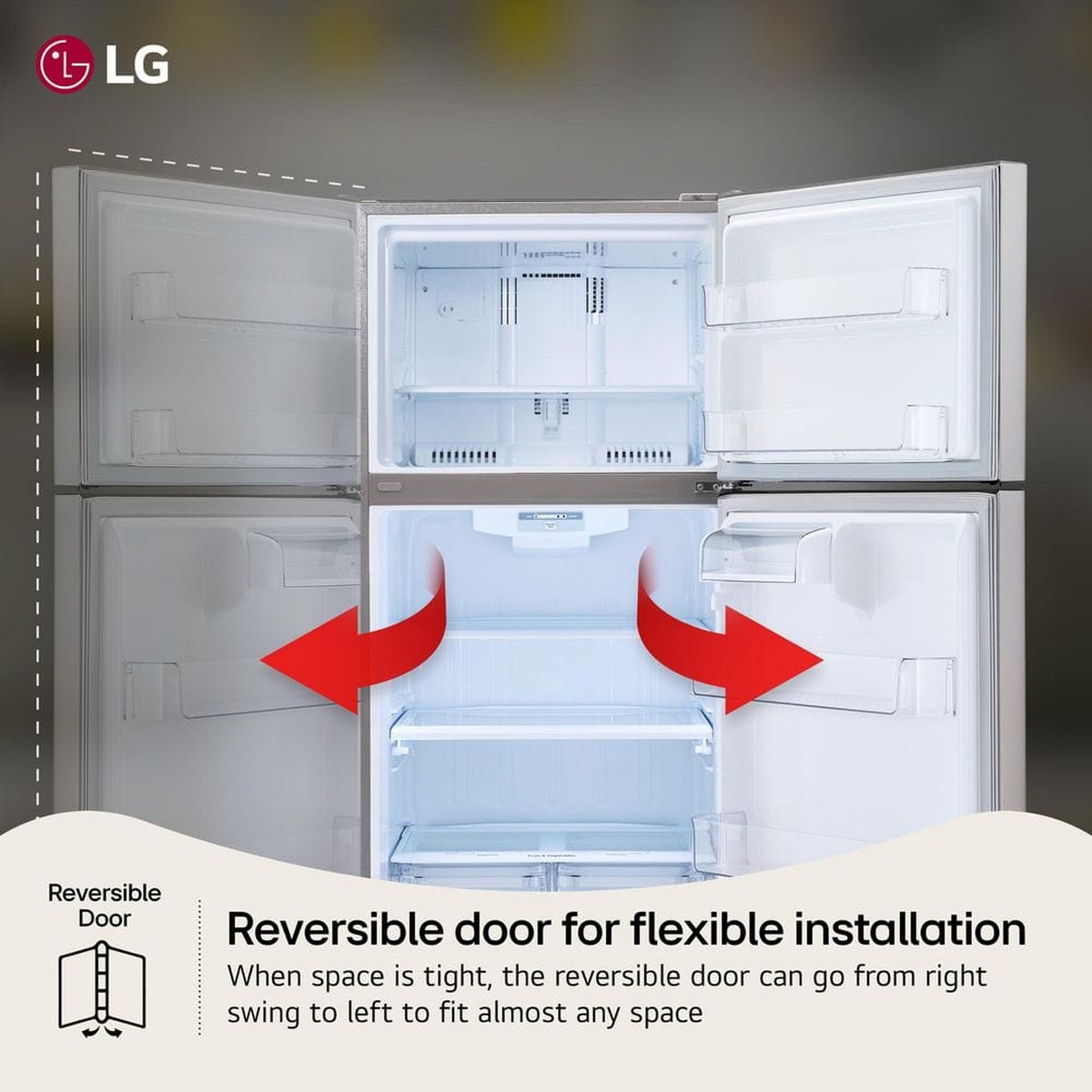 Open LG top-freezer refrigerator showing interior shelves and door bins, with text calling out a reversible door for flexible installation