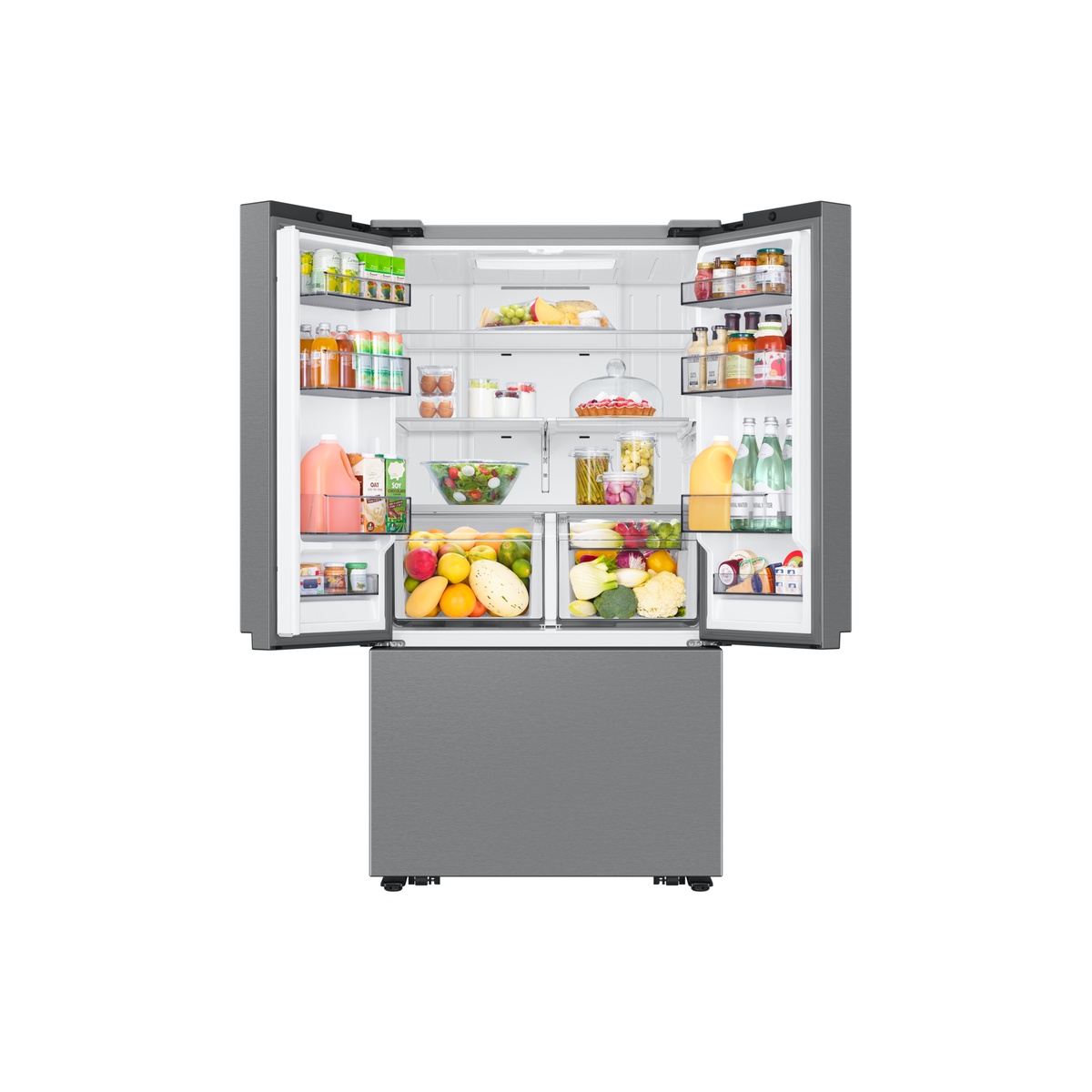 Open Samsung French door refrigerator showing interior shelves, door bins, and two produce drawers filled with food