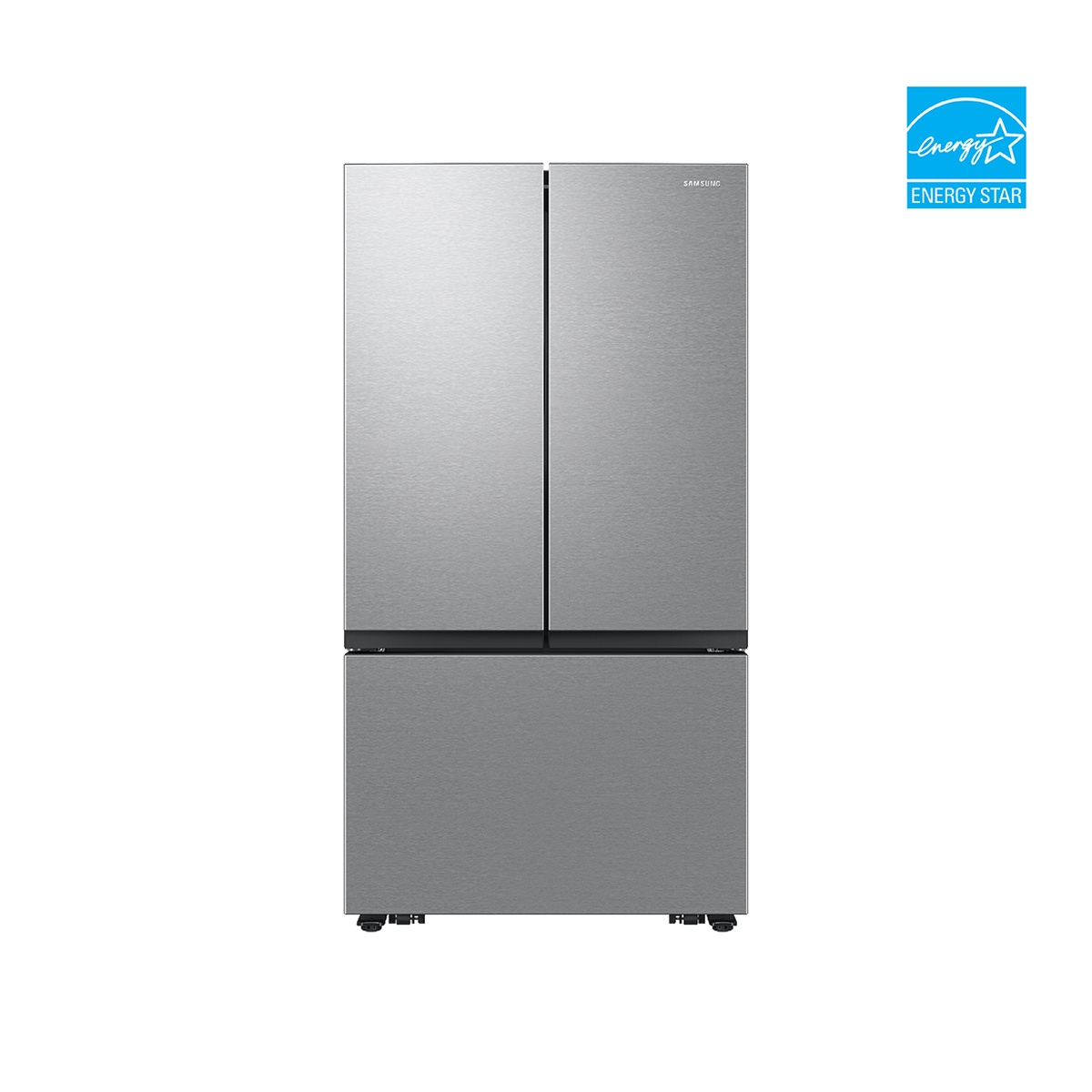 Front view of a stainless steel Samsung 3-door French door refrigerator with flat doors and an ENERGY STAR logo