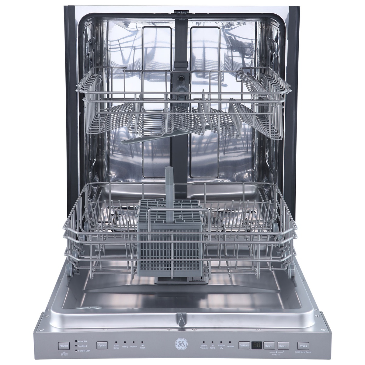 Open GE built-in dishwasher showing stainless steel tub with upper and lower racks