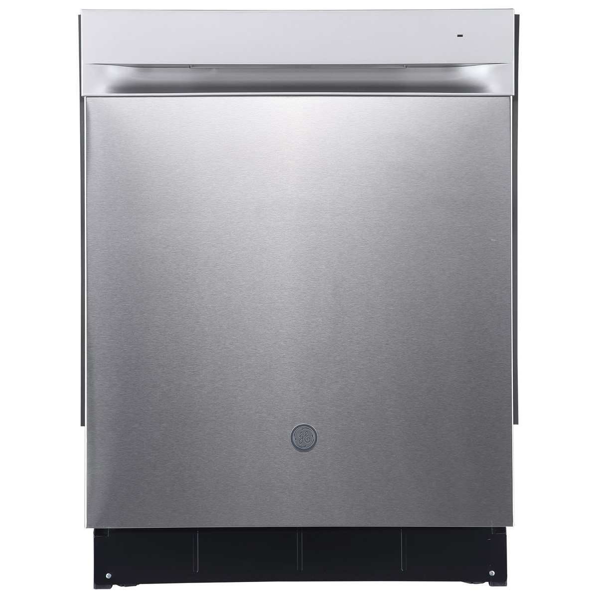 Front view of GE stainless steel built-in dishwasher with pocket handle