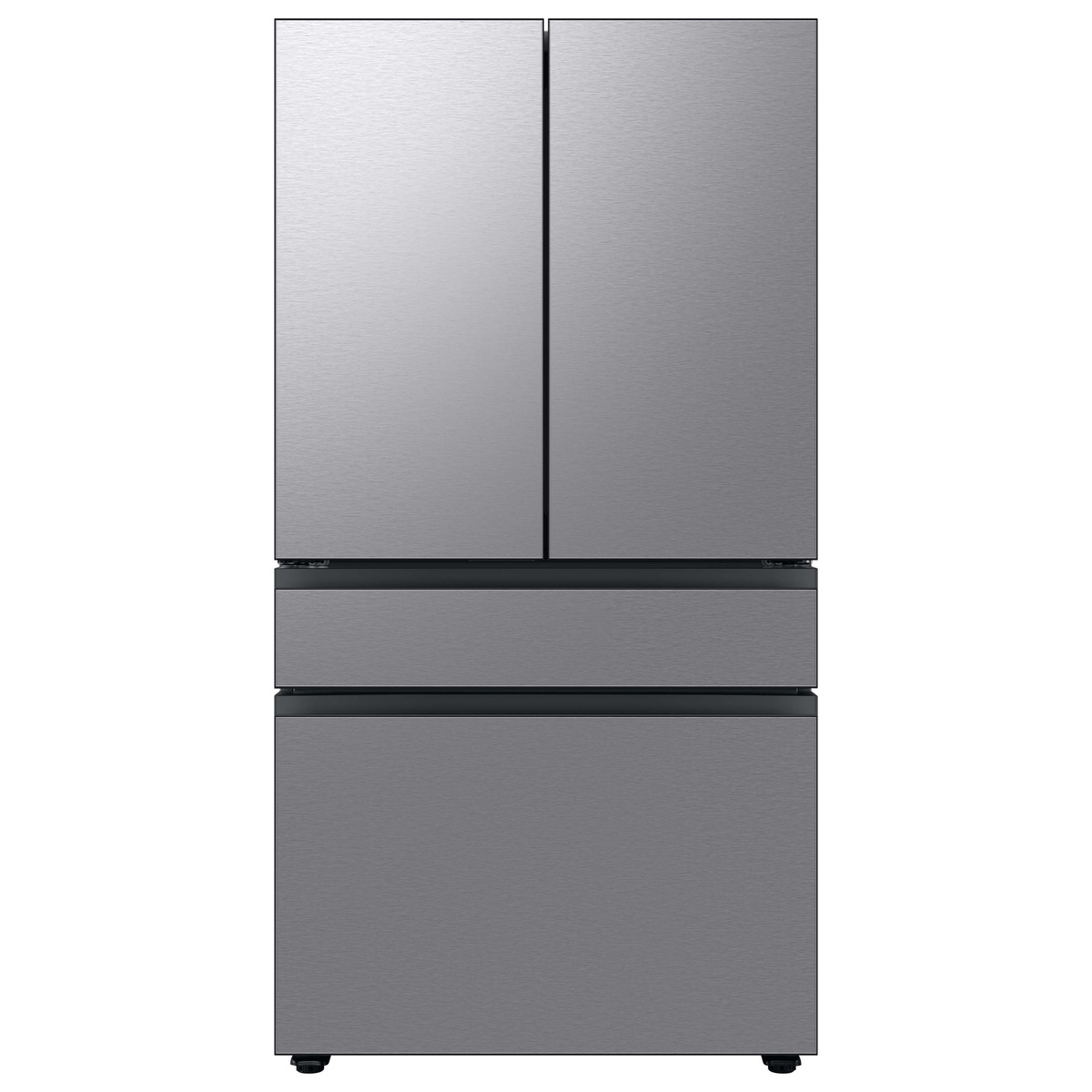Front view of a Samsung Bespoke 4-door refrigerator with flat stainless steel panels