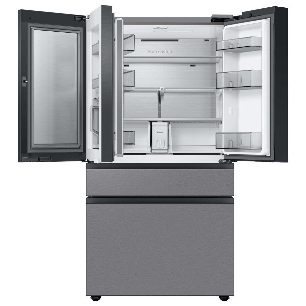 Open Samsung 4-door refrigerator showing the fresh-food interior with a metal cooling panel, shelves, and door bins