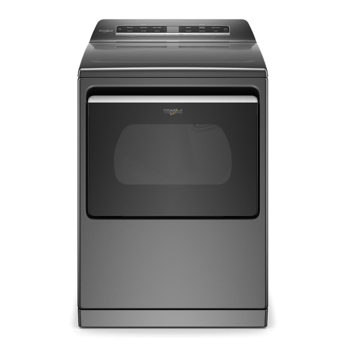 Front view of a grey Whirlpool electric dryer with a large door window and top control panel