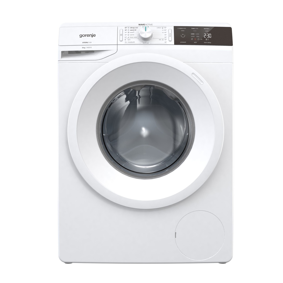 Front view of the white Gorenje WEI843HP front-load washing machine showing the central program knob, digital display, and large door