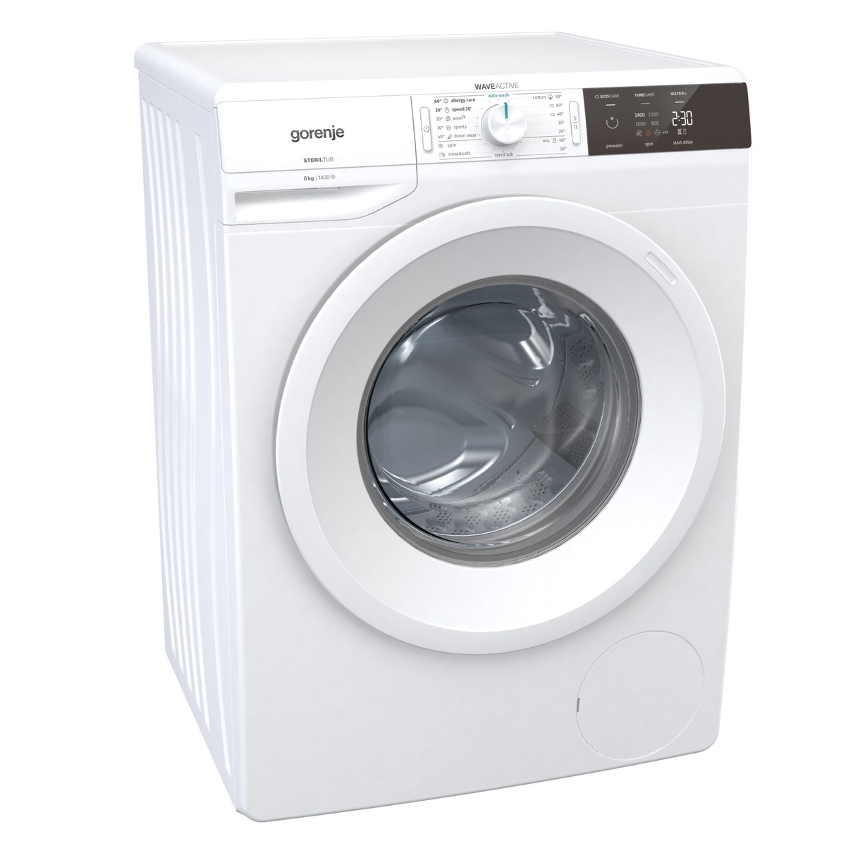Angled view of the white Gorenje WEI843HP front-load washer showing the smooth top, front door, and side panel detailing
