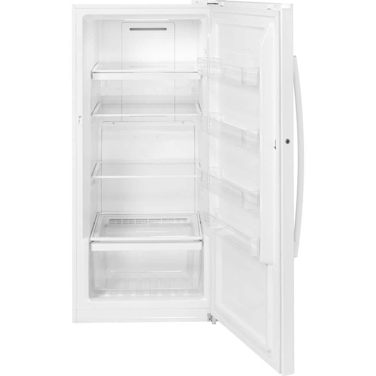 Open GE upright freezer showing interior shelves, door bins, and a clear slide-out bottom bin