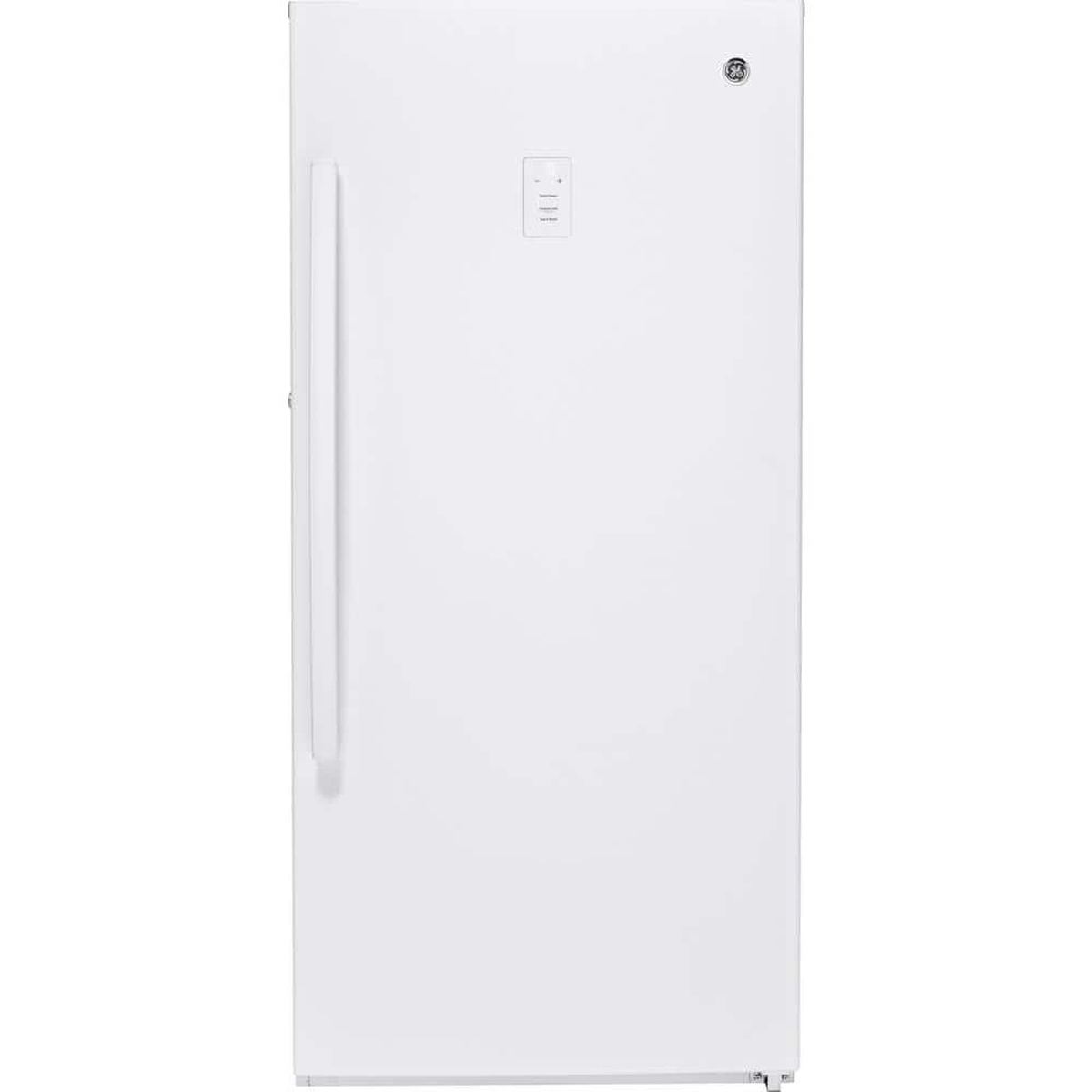 Front view of a white GE upright freezer with a vertical door handle and small control panel on the door