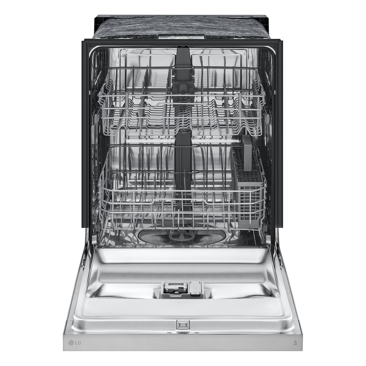 Open LG dishwasher showing stainless steel tub interior with upper and lower racks and a utensil basket