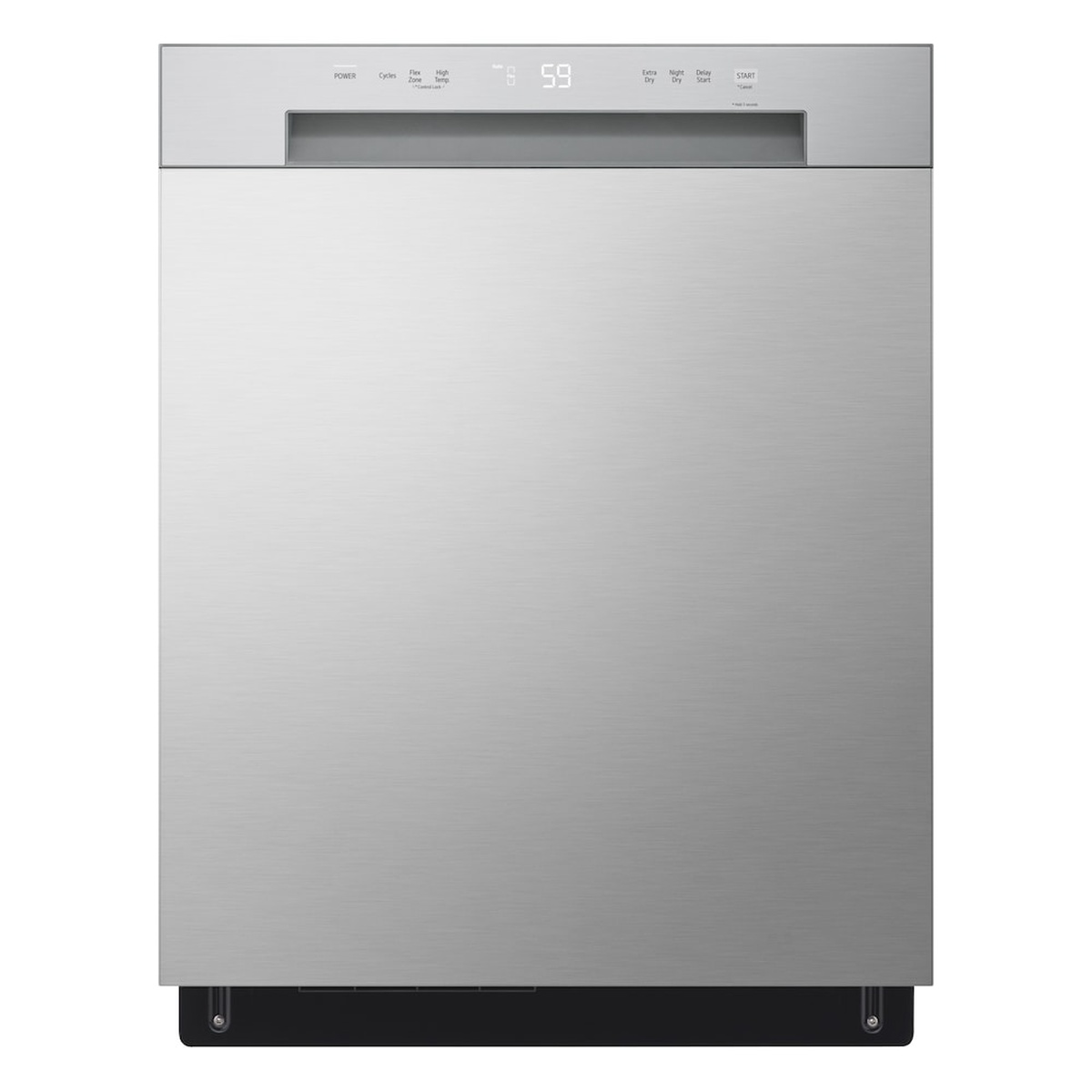 Front view of an LG built-in dishwasher in platinum silver with a front control panel and pocket handle