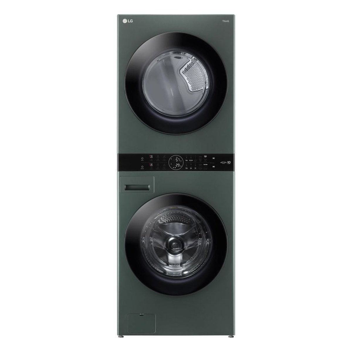 Front view of the LG WashTower stacked laundry center in Nature Green with ThinQ branding