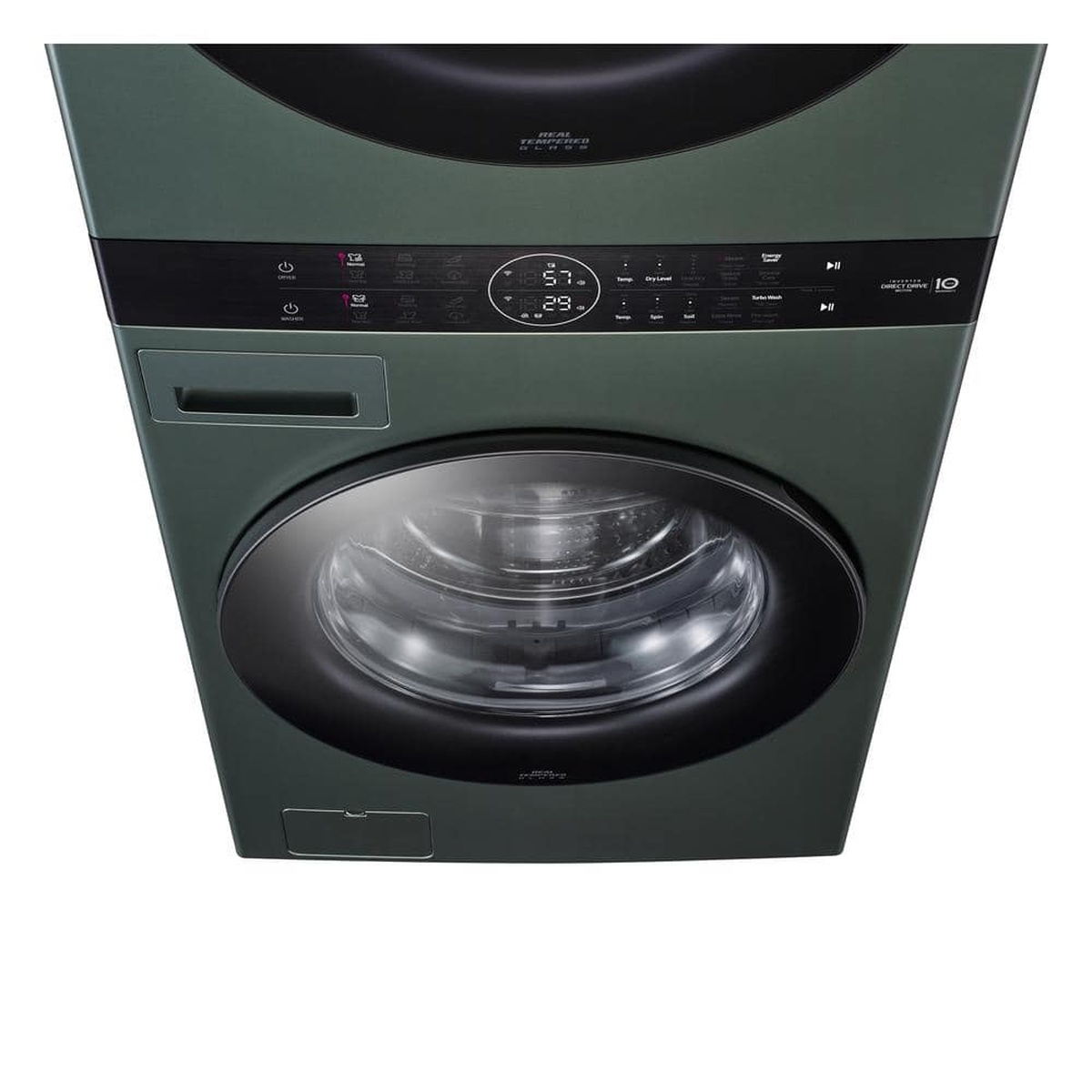 Close-up of the LG WashTower center control panel with digital display, cycle controls, and the washer detergent drawer on the left