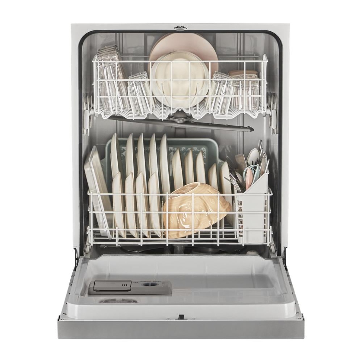 Open Whirlpool dishwasher showing two racks loaded with plates, bowls, glasses, and a cutlery basket