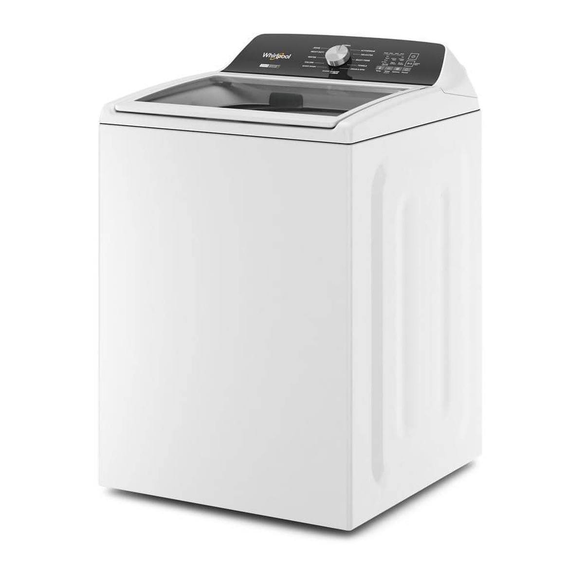 Angled view of a white Whirlpool top-load washer with a see-through lid