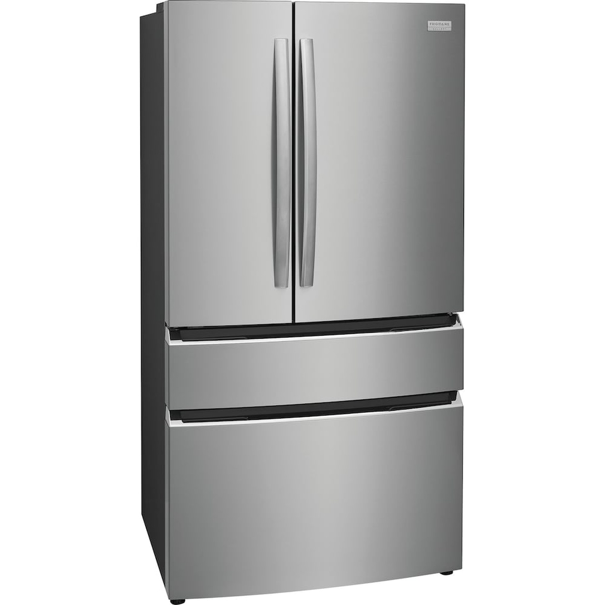 Angled front view of a stainless steel Frigidaire Gallery 4-door counter-depth refrigerator with long handles