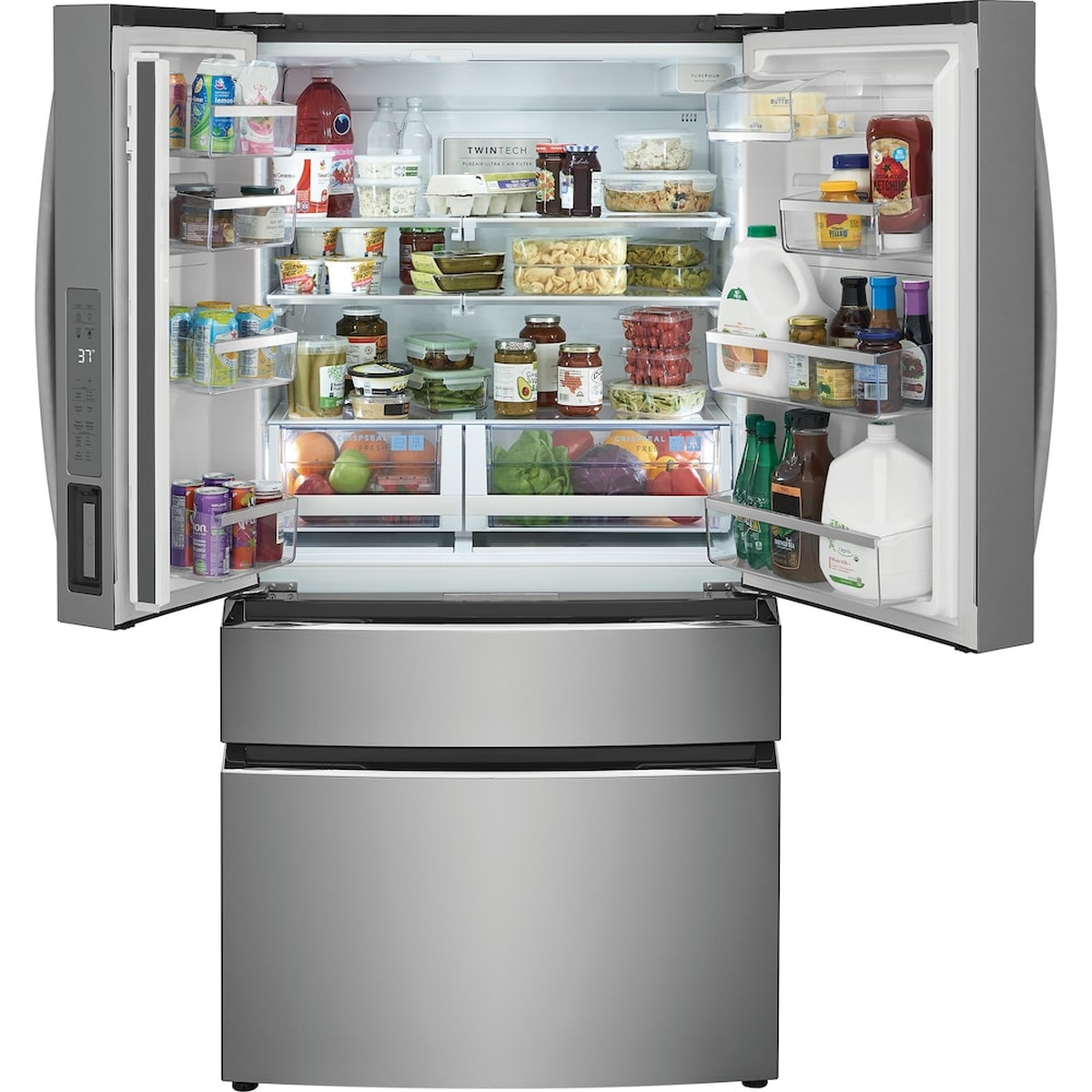 Refrigerator interior filled with food, showing adjustable shelves, door bins, and two clear crispers labeled CrispSeal