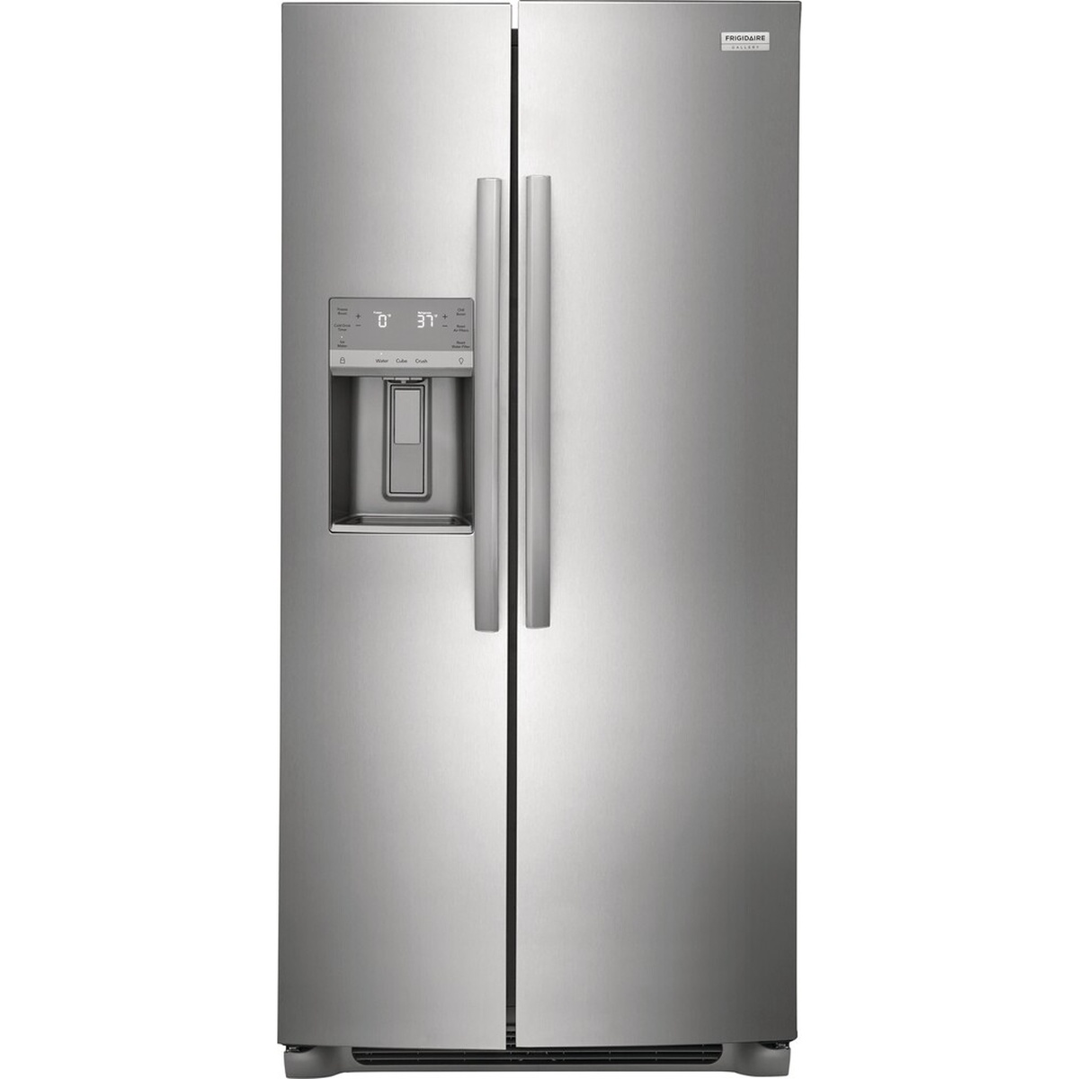 Front view of Frigidaire Gallery stainless steel side-by-side refrigerator with in-door water and ice dispenser
