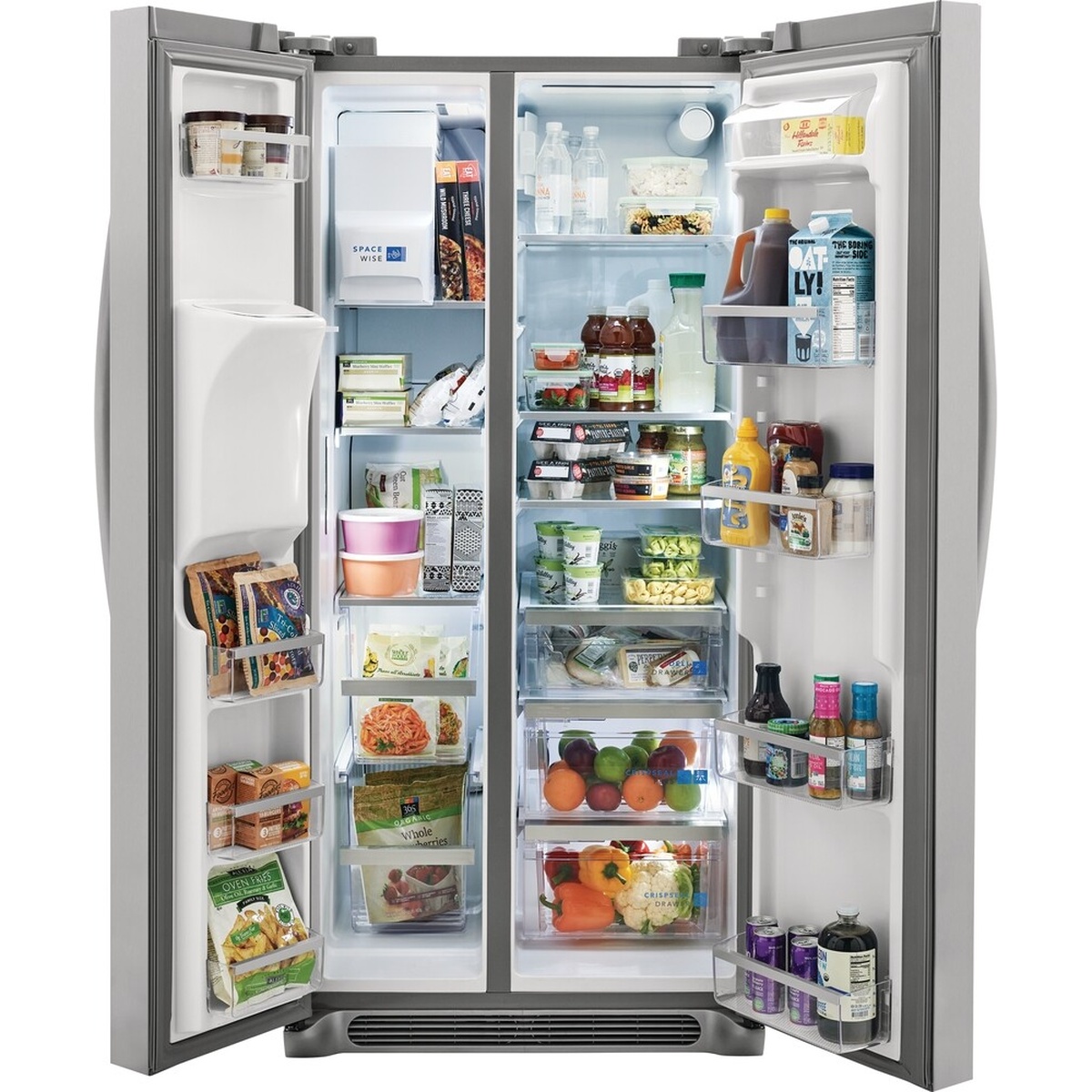 Open Frigidaire side-by-side refrigerator showing adjustable shelves, door bins, freezer storage, deli drawer, and crispers